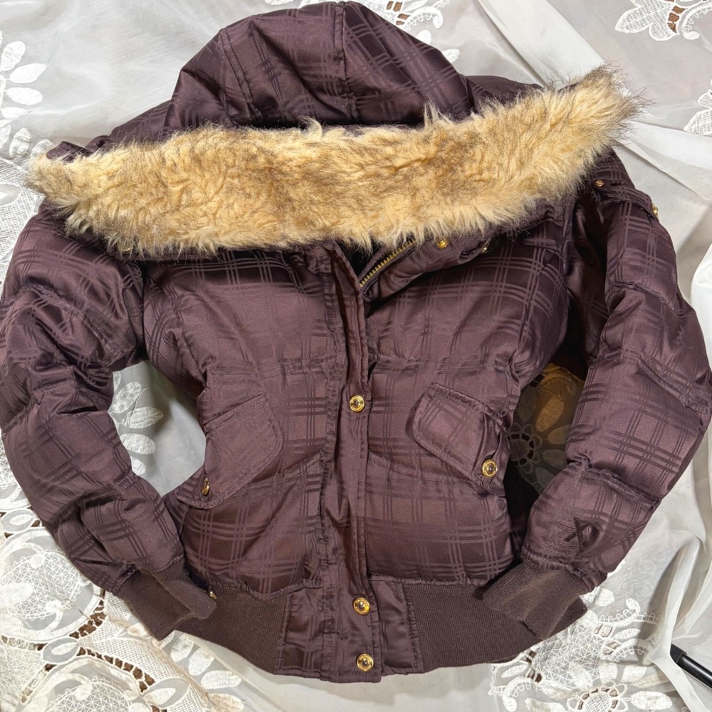 Y2K ZeroXposur Brown Plaid Down Puffer Bomber Jacket Faux Fur Hood Size L